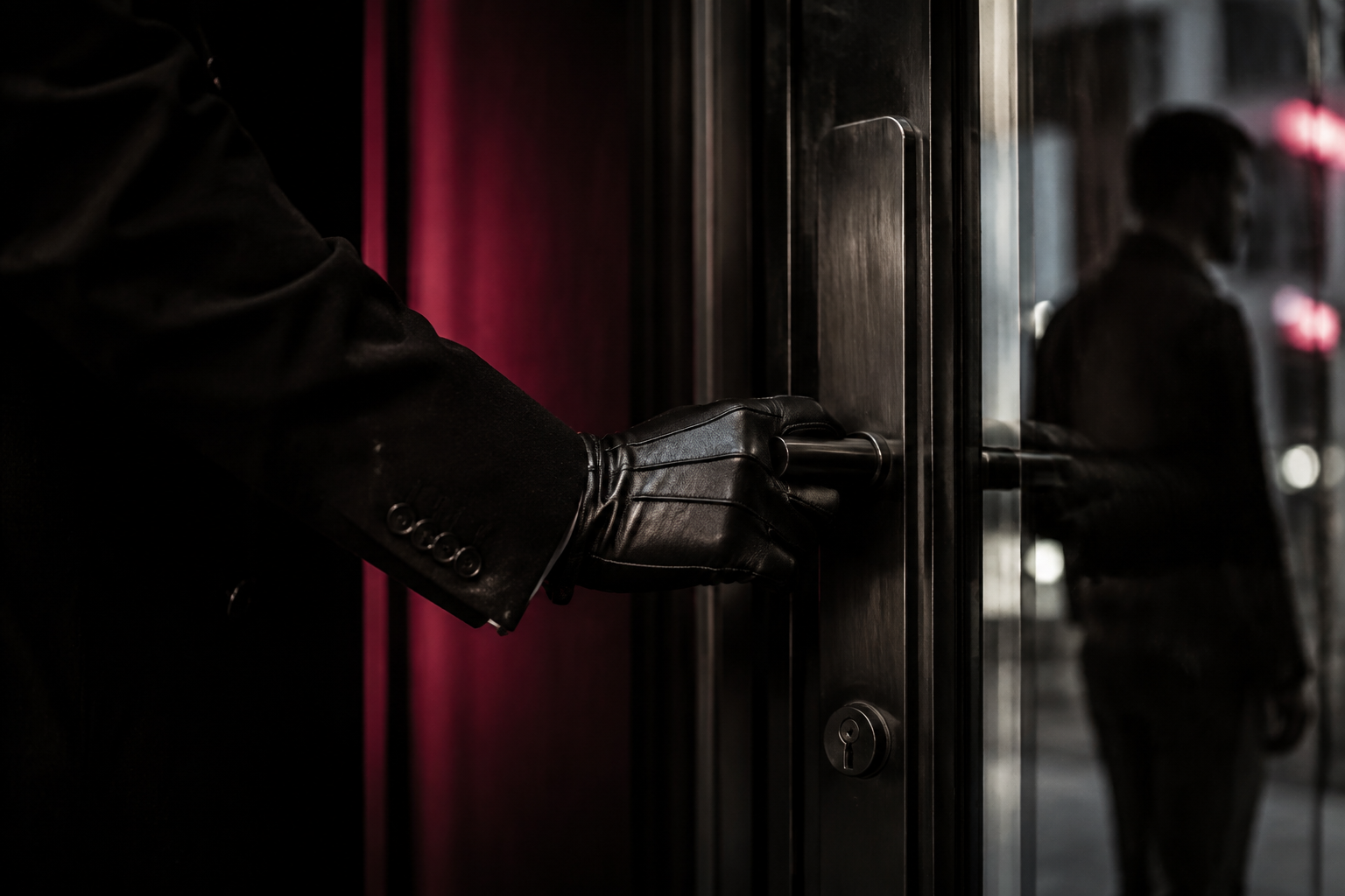Gloved hand opening a dark glass door